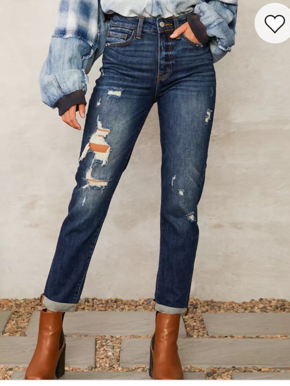Distressed Dark Blue Mom Jeans for Women